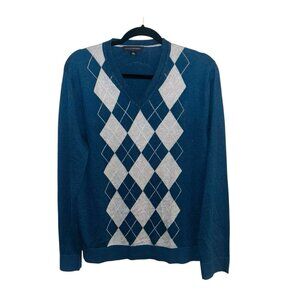 Banana Republic Blue Argyle V-Neck Silk Cashmere Blend Preppy Sweater Medium